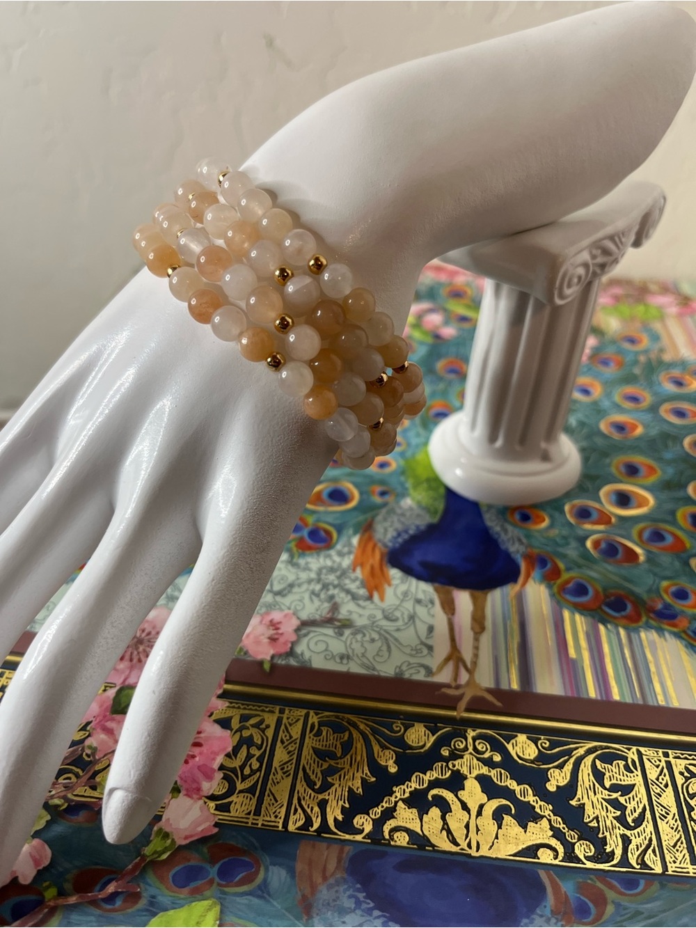 ✨ Natural Peach Moonstone 4-Piece Bracelet Stack with Gold Accents ✨